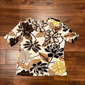 Chico's Floral Short Sleeve Blouse - Black, Brown, Yellow, Cream Size 2